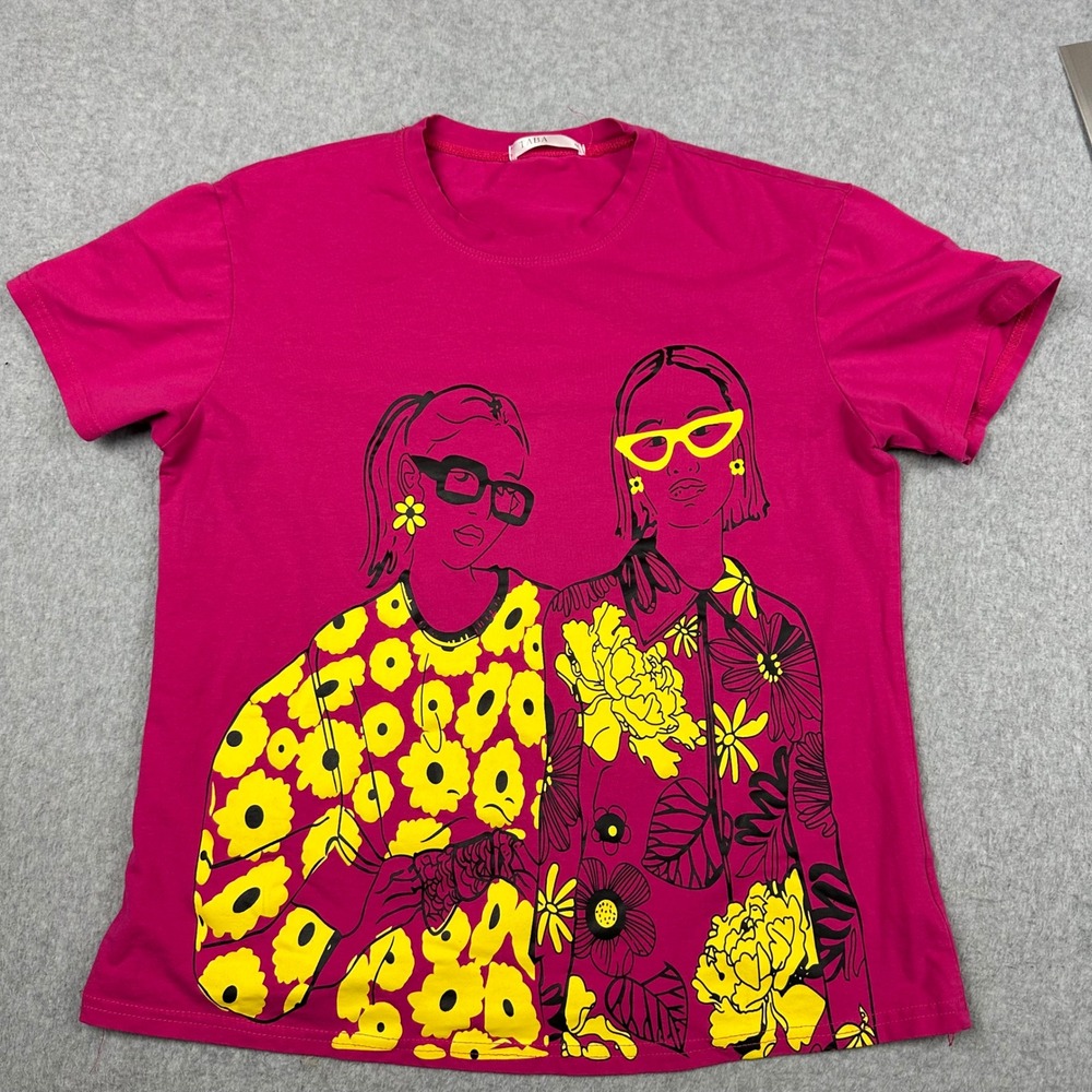 TABA Womens Graphic T-Shirt Pink Yellow Floral Fashion Illustration Medium